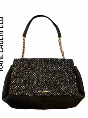 Karl Lagerfeld Black Tweed-Front Shoulder Bag with Gold Chain